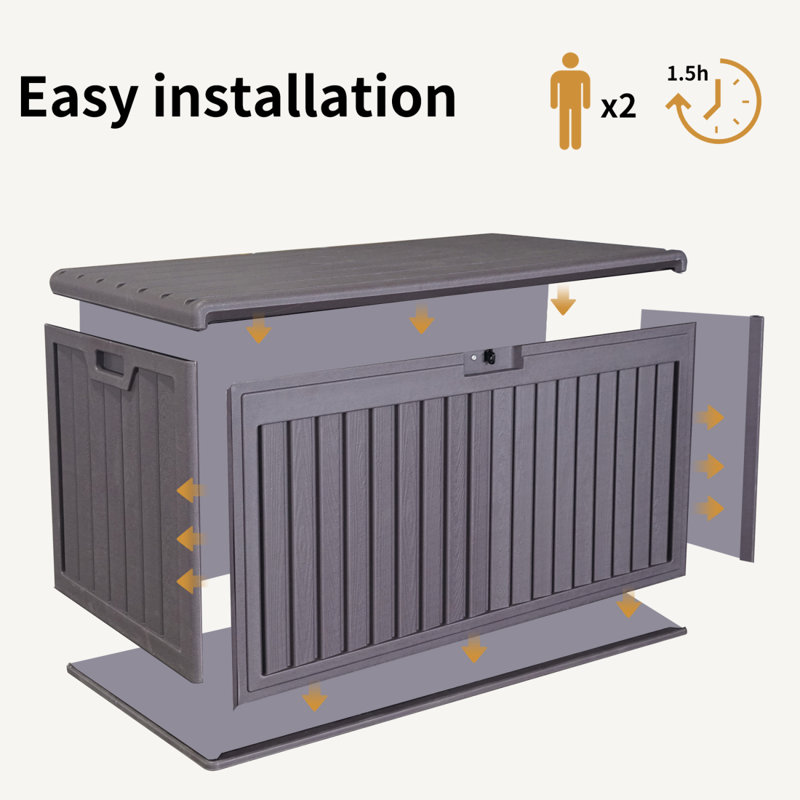 Boîte de rangement pour terrasse en plastique imperméable 100 gallons avec poignées latérales, bacs de rangement verrouillables pour coussins de meubles de patio, accessoires de piscine, outils de jardin brun