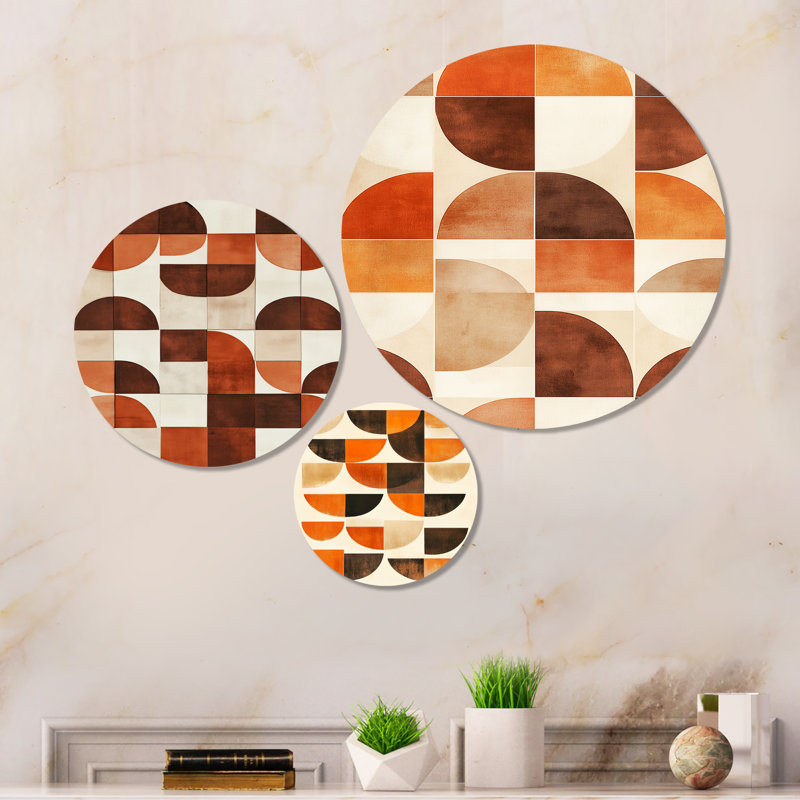 Croissant en terre cuite - Art mural abstrait en métal imprimé Mid-Century 3 pièces