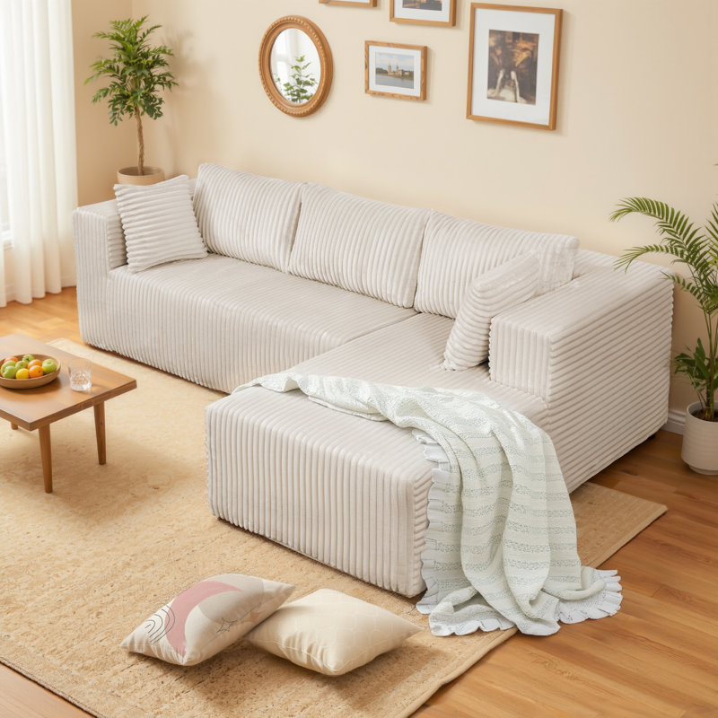 Canapé modulaire de 105 po avec méridienne Cloud, siège profond modulaire, aucun assemblage requis, canapé de compression rembourré en velours côtelé pour le salon, méridienne beige