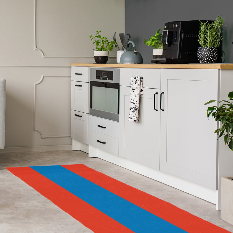 Tapis orange/bleu rayé, Tapis de couloir 2 pi 6 po x 8 pi