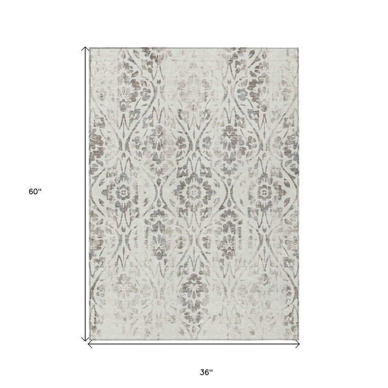 3' X 5' Ivory And Brown Floral Washable Indoor Outdoor Area Rug