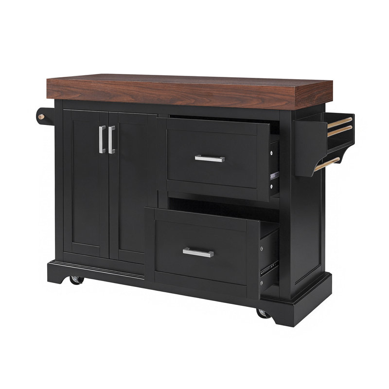 Grand îlot de cuisine 53 po avec bureau de 3,5 po d'épaisseur, Noir