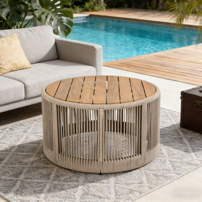 Round Acacia Wood Coffee Table with Rope Detail and Metal Frame