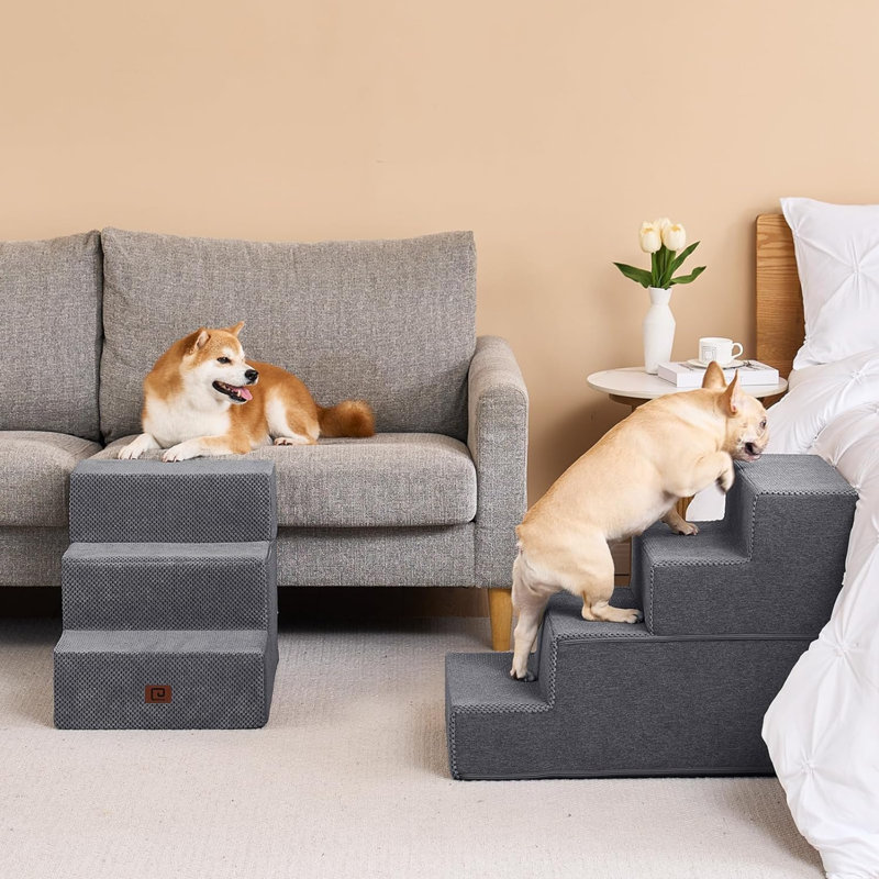 Escalier pour animal 3 marches Emalee, Gris, Petit (H 20 po x l 16 po x P 28 po)