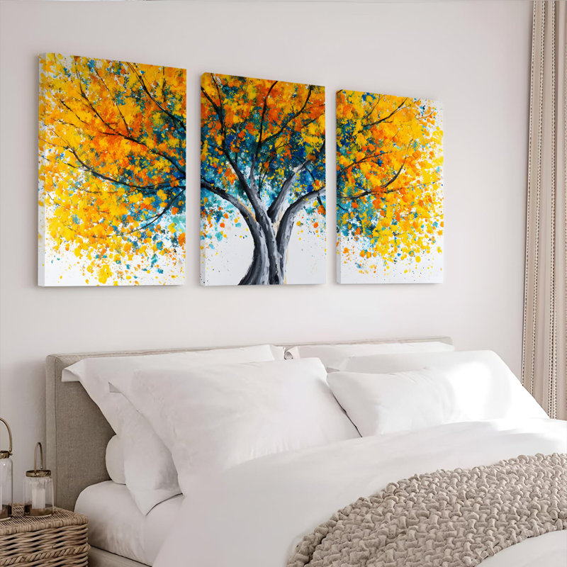 Tableau sur toile tendue représentant un arbre vibrant aux feuilles abstraites (lot de 3), H 24 po x l 48 po