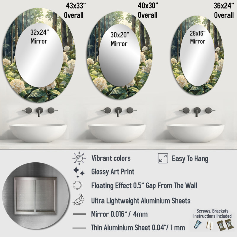Hydrangeas By The Forest Edge - Miroir mural ovale blanc, 36 po x 24 po