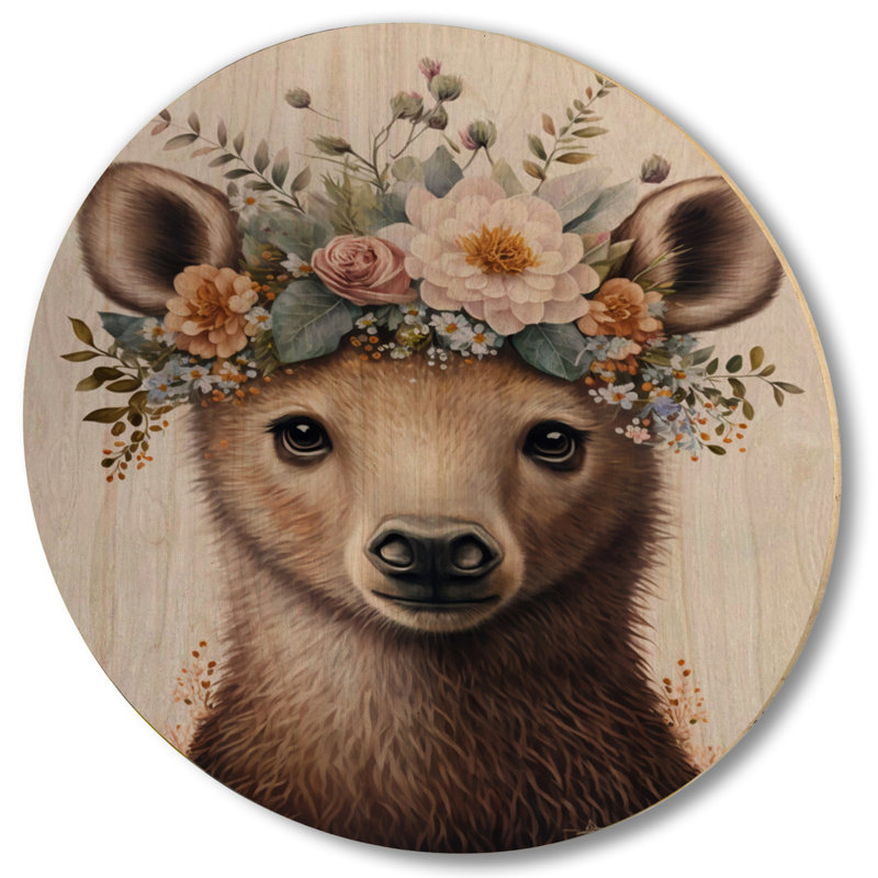 Mignon bébé ours avec couronne florale IV - Impression sur bois sans cadre, H 29 po x l 29 po x P 1 po