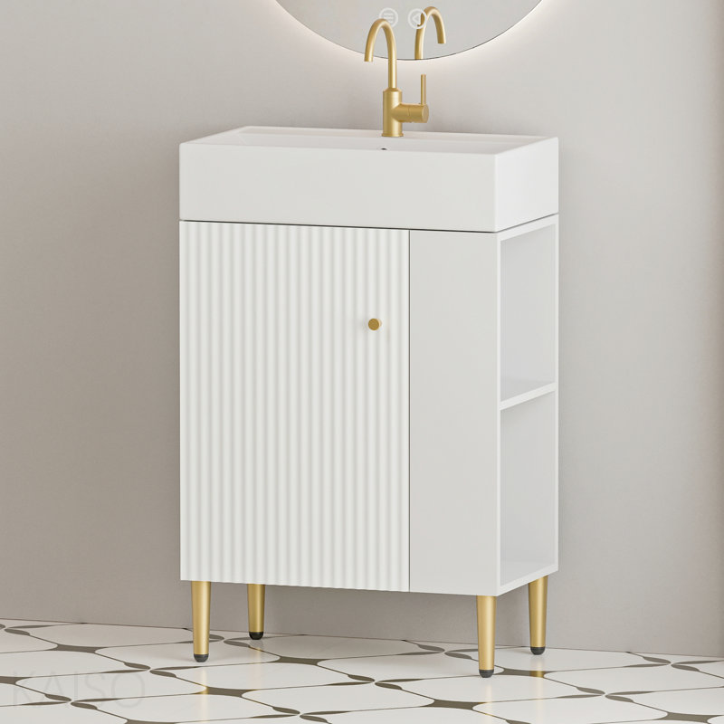 21.6" Open-Shelving Vanity With Ceramic Sink And Soft-Close Door, Cloakroom Storage Cabinet On Right Side, Assembly Required, White Finish.