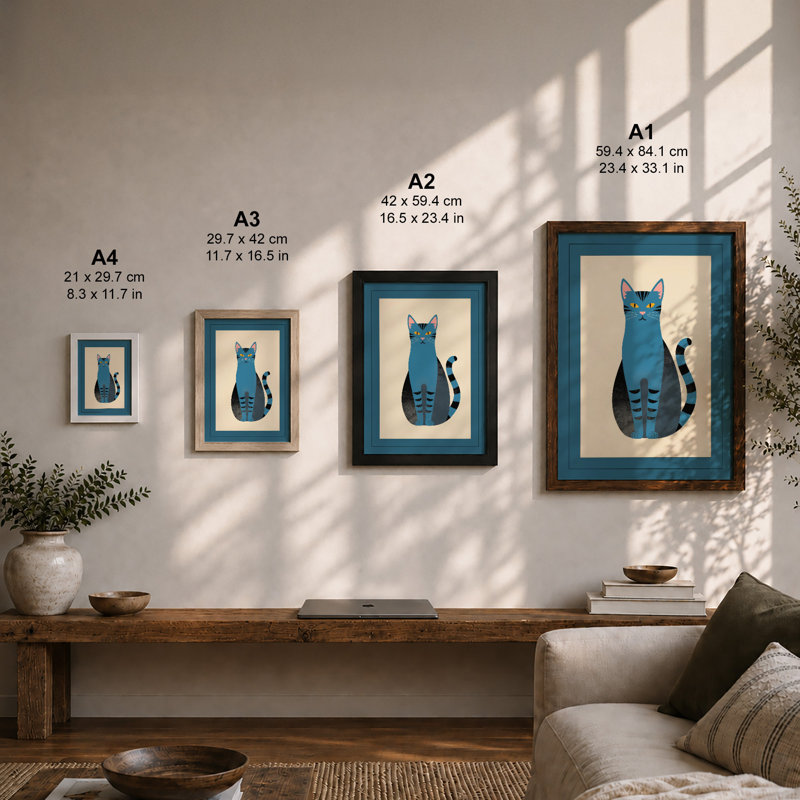 Geometric Blue Cat Mid-Century - Framed Print, A2 - 59.4 x 42.0 cm, Oak