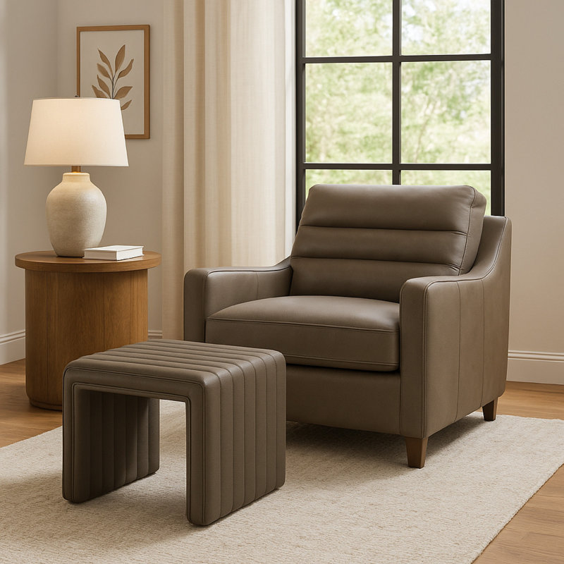 Ada Footstool Ottoman, Channel Tufted Taupe Brown Boucle, 19 Inch, Pewter Gray