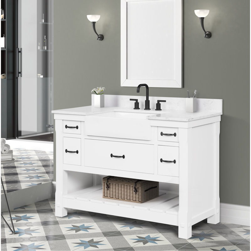 Dilkhush 48" Single Bathroom Vanity with Carrara White Quartz Top, Sink & Backsplash, Dove White, Pre-Assembled, White Quartz