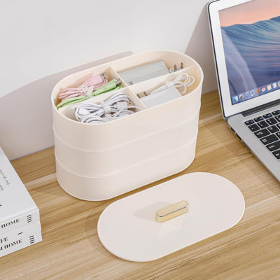 Large Cord Organizer Box with Lid, Plastic Cable Storage Case with 20pcs Wire Ties for Desk Drawer