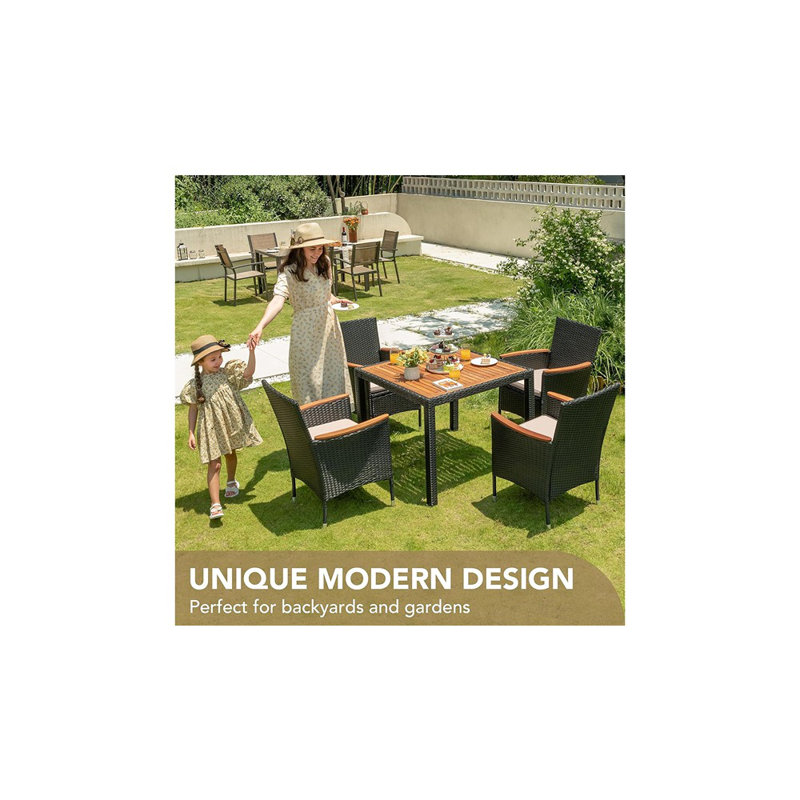 Acacia Wood Top Patio Set – Rattan Outdoor Table And Chairs, Black