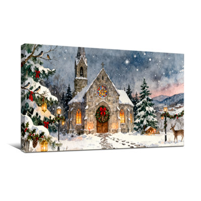 Christmas Winter Church Scene With Snow And Lights