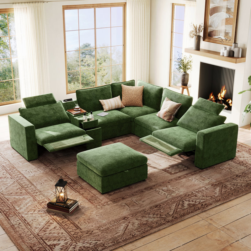 Canapé modulaire surdimensionné à 5 places en chenille avec canapé inclinable double inclinable électrique et appui-tête avec tiroir de rangement