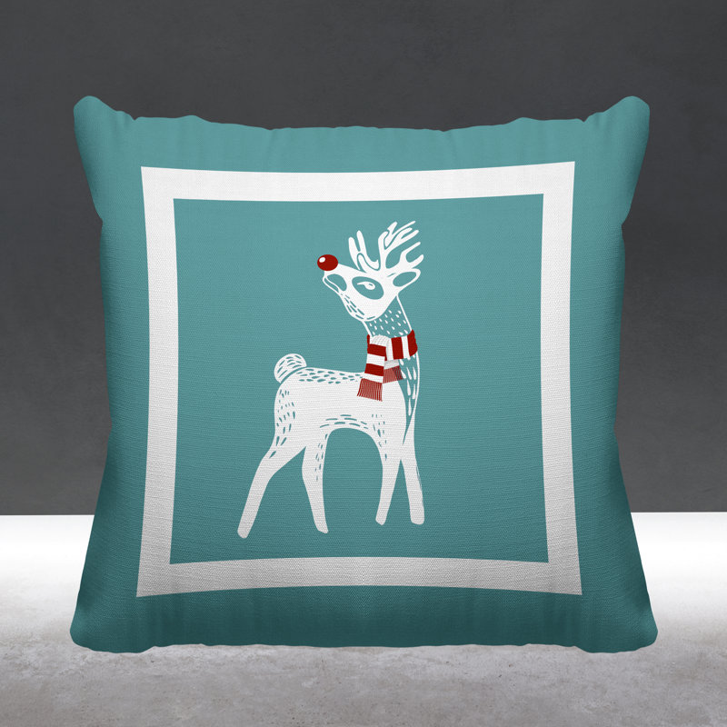 Coussin décoratif intérieur / extérieur Folk Christmas Reindeer, L 19 po x H 19 po, Ciel