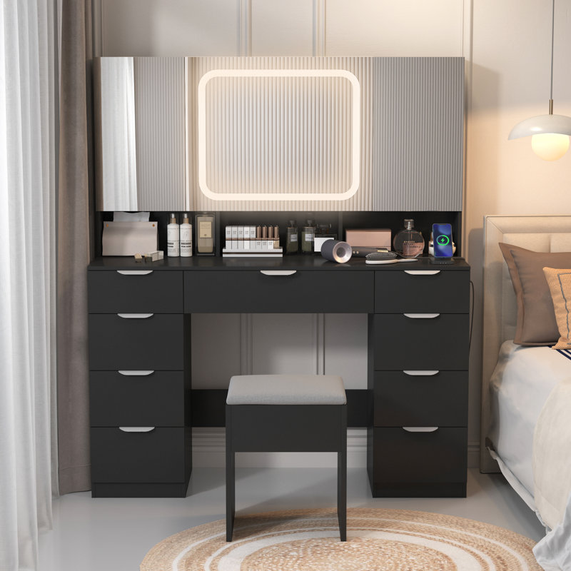 Ensemble de coiffeuse avec USB, Noir, noir, noir, noir
