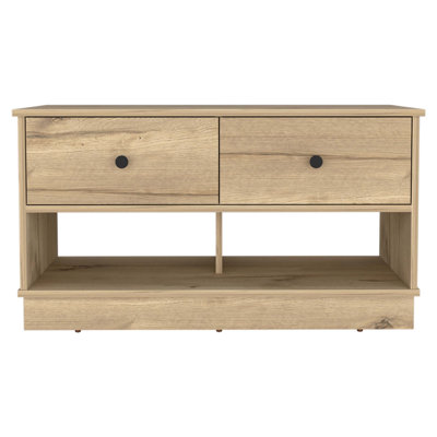 Storage Bench, Two Open Shelves, Two Drawers -Light Oak