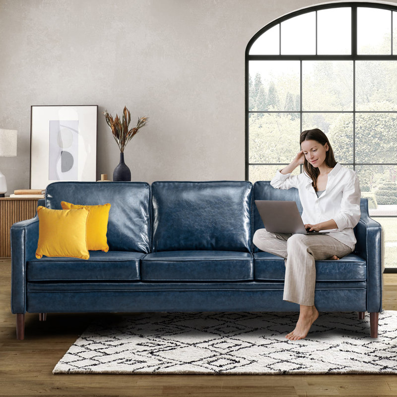  Jannae 80" Vegan Faux Leather Upholstered Square Arm Sofa, Jannae Blue Faux Leather