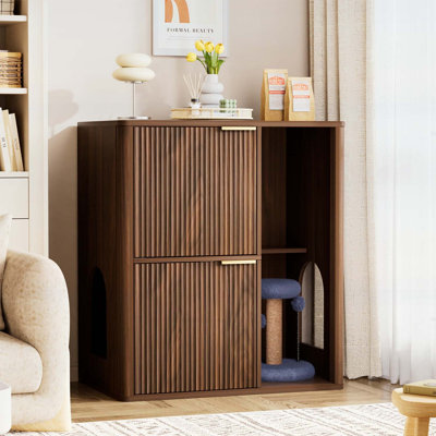 Litière pour chat 31,5 pouces en noyer avec arbre à chat - Litière encastrée rainurée avec deux portes pour chat et tablettes de rangement, armoire pour animaux polyvalente pour le salon ou la chambre à coucher