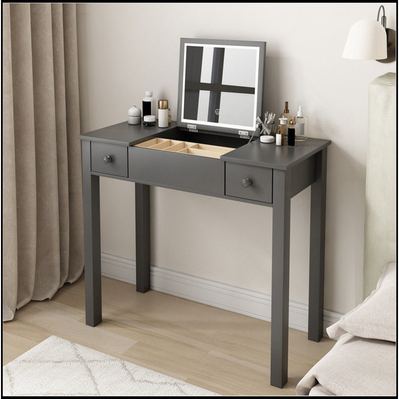 Elegant Vanity Table With LED Lights, Flip-Top Mirror And 2 Drawers, Jewelry Storage For Dressing, Gray