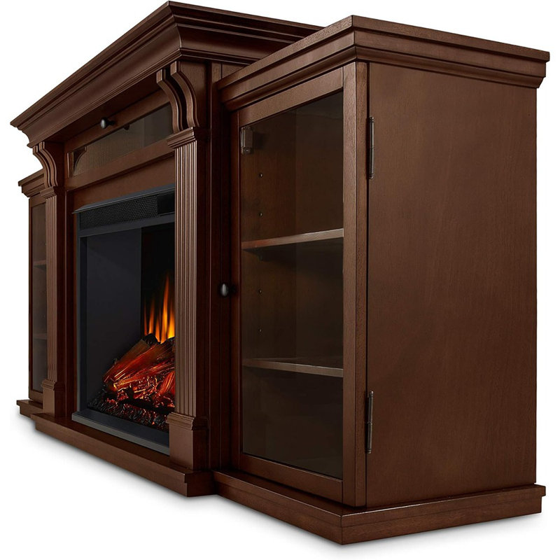 Meuble télé avec foyer électrique et tablettes réglables, rangement et télécommande - Meuble télé avec foyer / bois / moderne