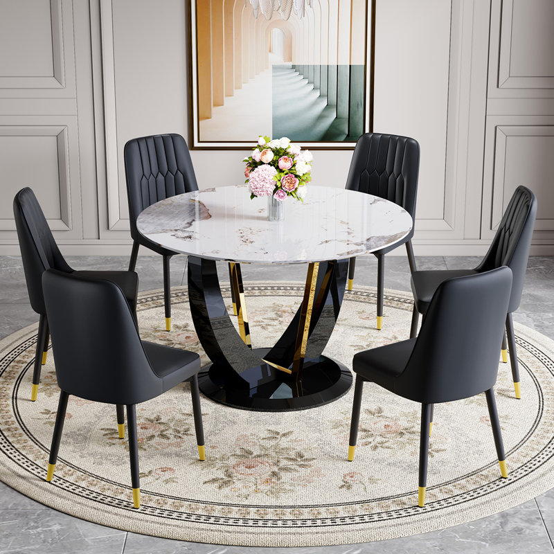 48" Modern Round Dining Table For 4-6 With Tempered Glass Tabletop, Black, 7 Pieces: Table, 6 Chairs