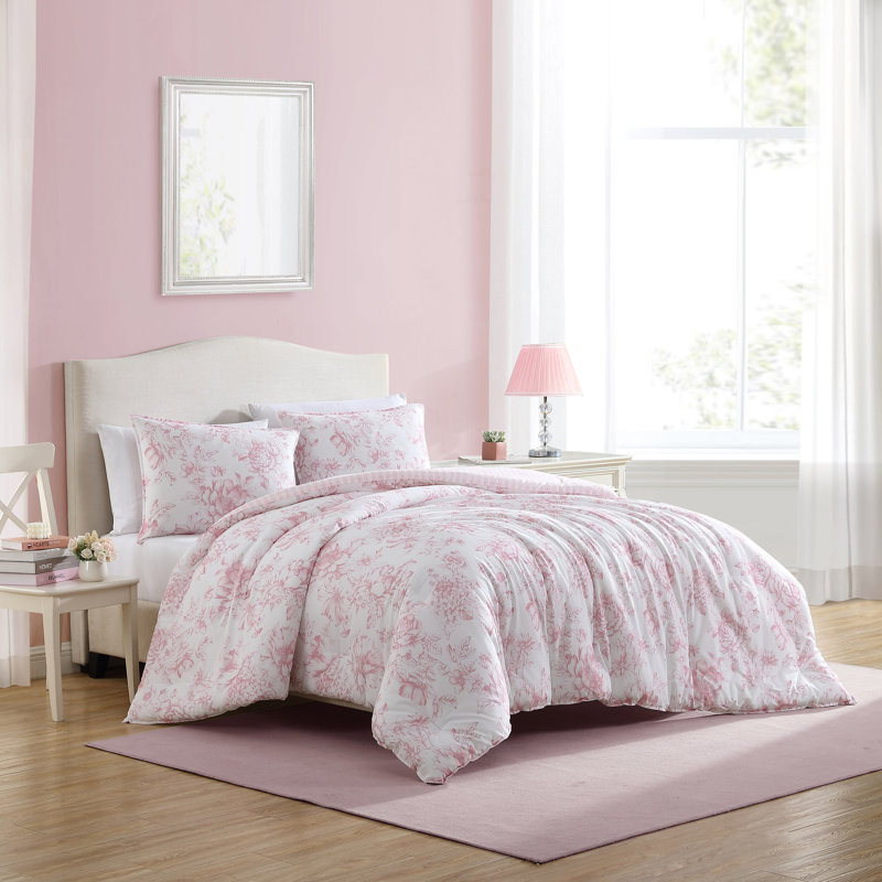 Evie Laura Ashley Delphine Pink Reversible Floral Cotton Comforter Set, Queen Comforter + 2 Standard Shams