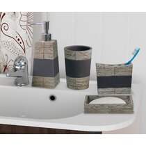 4 Piece Rustic Burnt Wood & Matte Black Metal Bathroom Accessories Combo Set