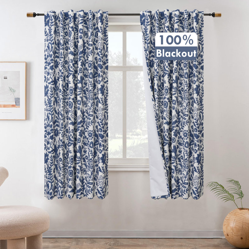 Lark Manor™ 100% Blackout Linen Floral Patterned Curtains Double Layer Drape Rod Pocket Back Tab, 52" W x 84" L