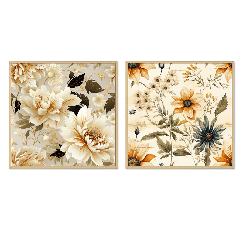 Alia - Ensemble de 2 collages carrés botaniques abstraits, Cadre flottant brun, H 16 po x l 33 po