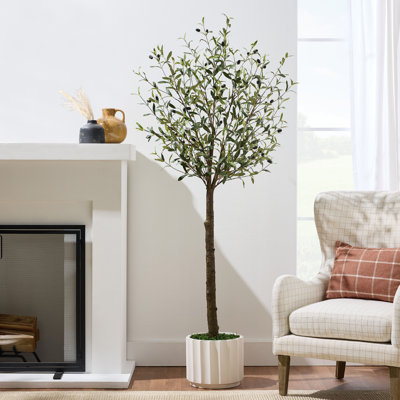  6,5 pi d'olivier artificiel, faux arbre réaliste, décoration pour la maison avec pot de fleurs, tronc réaliste