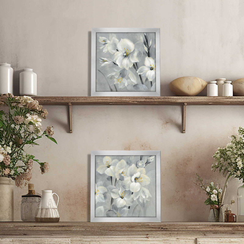Fleurs sur fond gris, ensemble de 2 pièces sur papier