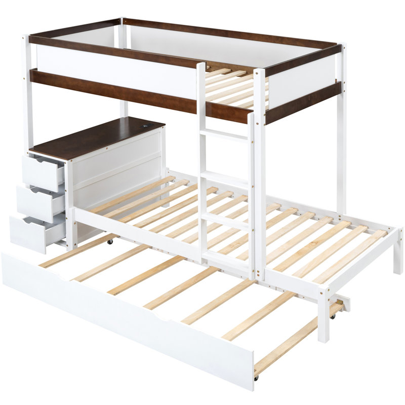 Twintwin Bunk Bed With Desk, Twin Size Trundle In White + Walnut Design Space Optimizing Storage