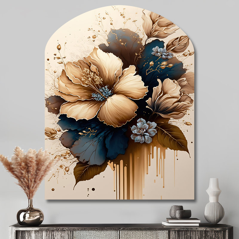 Brown And Blue Hibiscus Bouquet III - Asymmetrical Hibiscus Metal Wall Art, Arch Metal Wall Sculpture Print