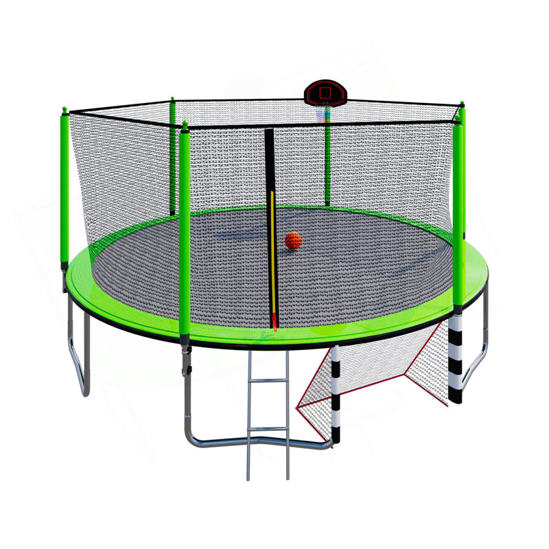 Trampoline 16 pi avec pompe à panier et échelle (enceinte de sécurité intérieure) avec but de soccer - vert, Vert