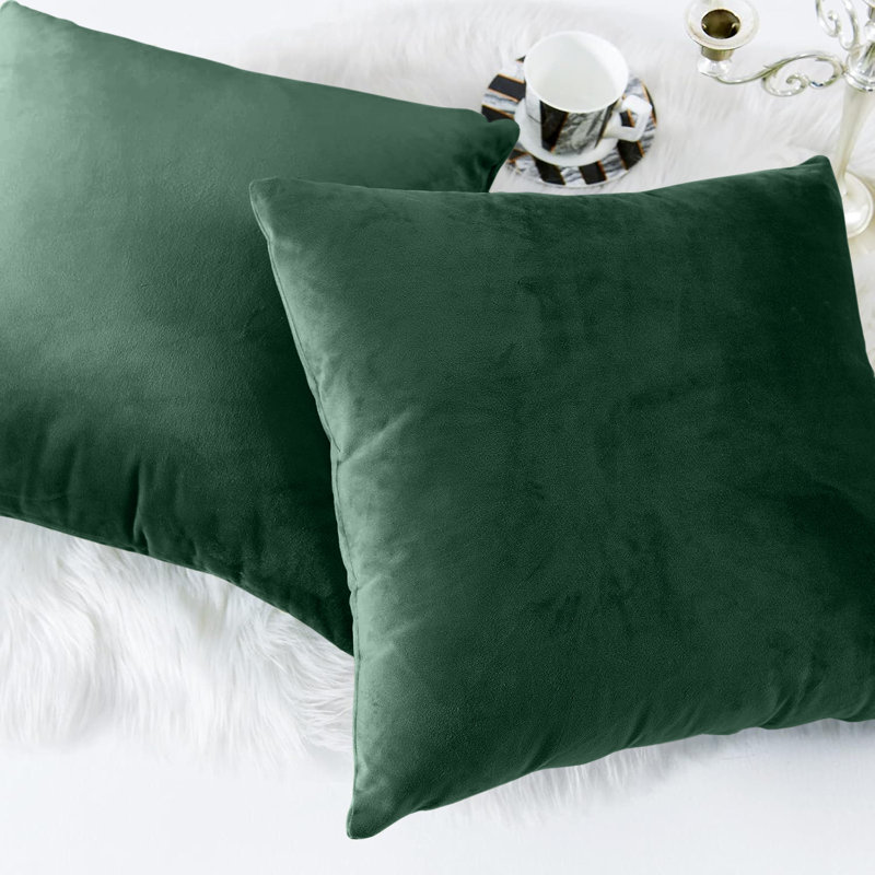 Square Luxury Velvet plush Cushion cover sofa throws Pack of 2, Dark Green