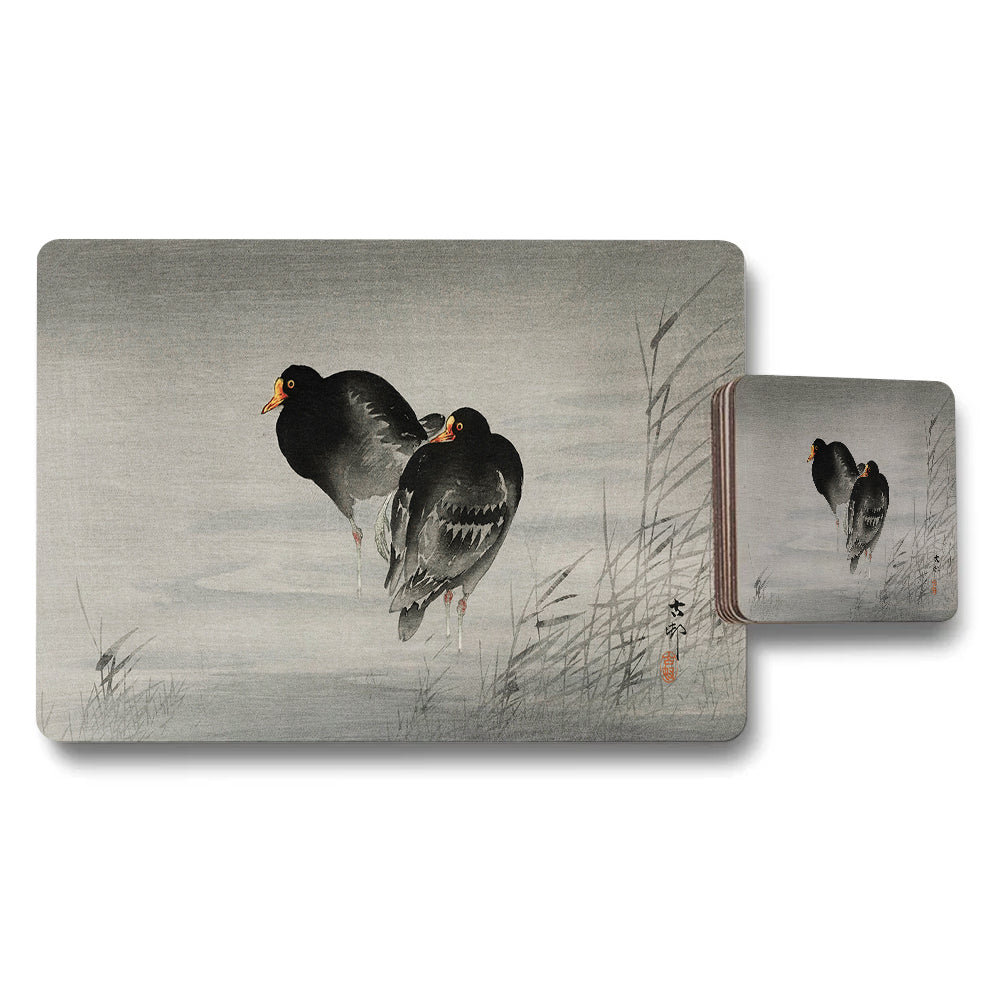 Monochrome Birds On Reeds Placemats And Coasters Set