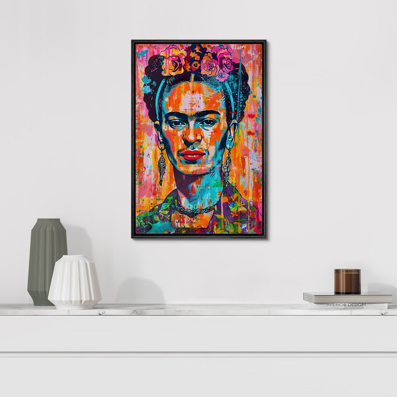 «Pop Urban Street», Frida Kahlo, Portrait coloré, graffiti vibrant, œuvre d'art sur toile encadrée, Cadre noir