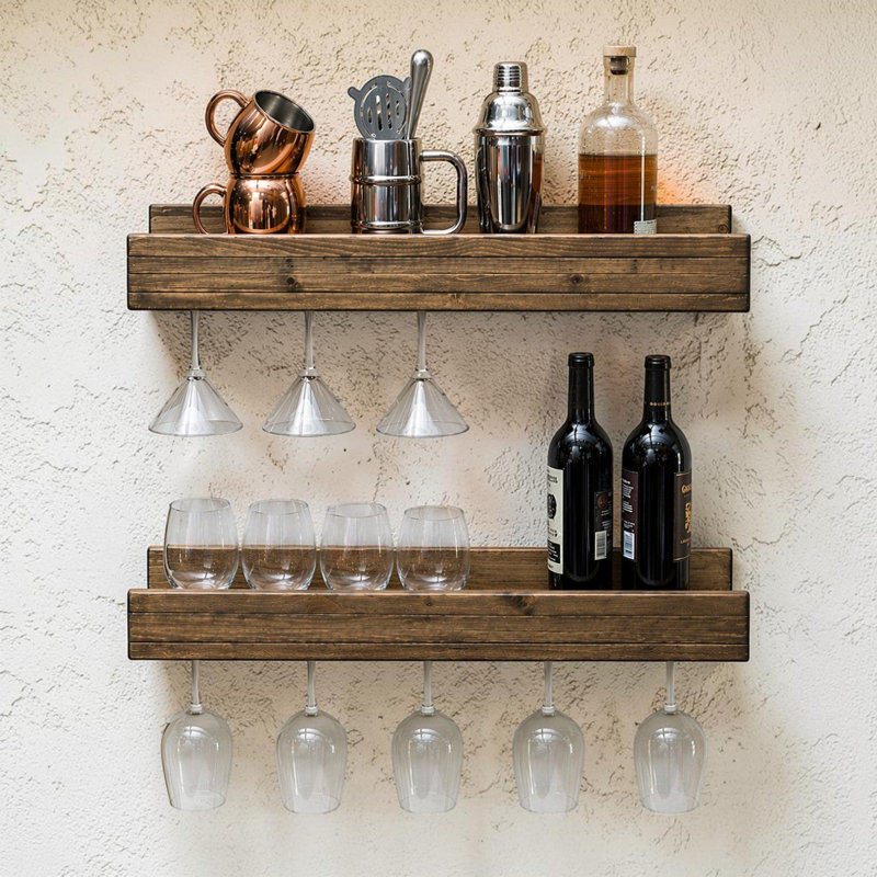 Ensemble de 2 porte-bouteilles muraux avec porte-verres à chargement latéral, tablettes flottantes en bois massif avec rangement en verre, noyer foncé 30 pouces