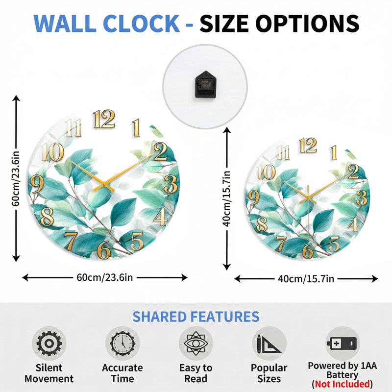 Horloge murale en verre à motif de feuilles, 60 x 60 cm (23,6 x 23,6 pouces)
