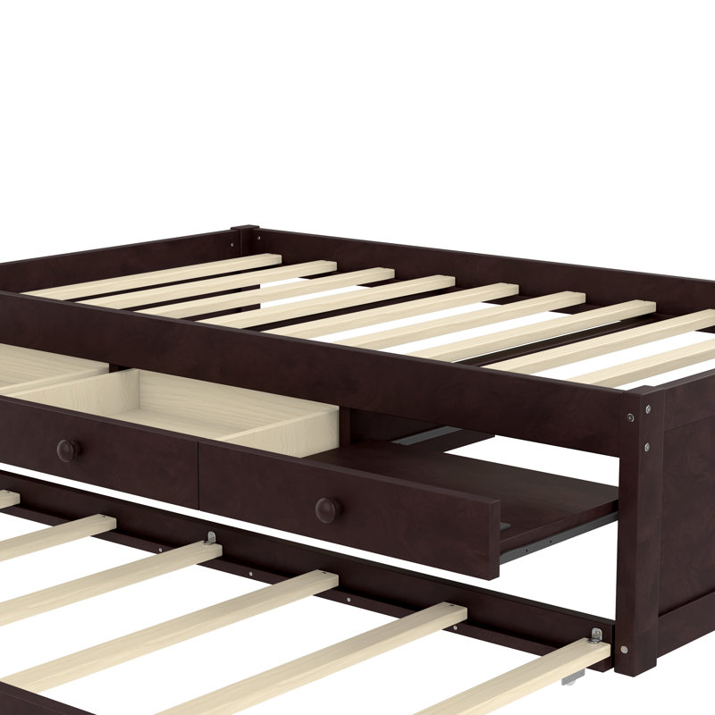 Lit plateforme simple avec lit gigogne et deux tiroirs, cadre de lit plateforme en bois massif avec barre d'alimentation, aucun sommier nécessaire pour la chambre à coucher et la chambre d'amis, espresso