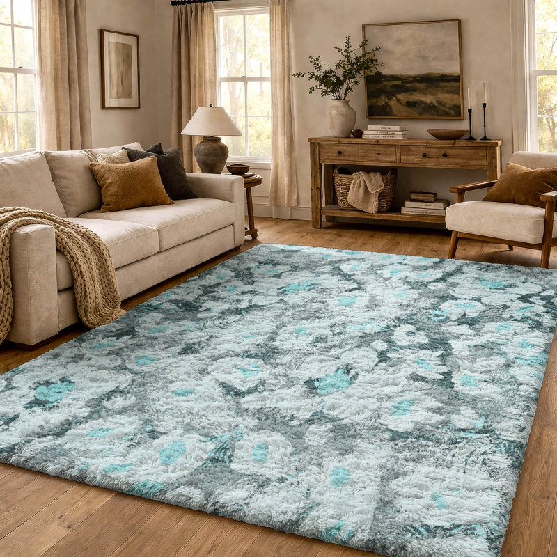 Tapis floral à poil long de qualité supérieure lavable à la machine ADS538, Teal, 8 pi x 10 pi
