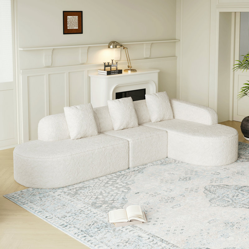 Canapé modulaire incurvé en forme de L de 111,8 pouces, design moderne avec tissu en polyester à poils longs texturé litchi, dossier incurvé avec trois coussins