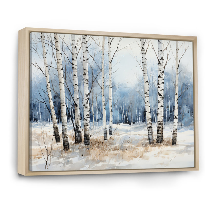 Bois de bouleau blanc et bleu en hiver - Art mural bouleau, Cadre naturel flottant, H 24 po x l 32 po x P 1 po