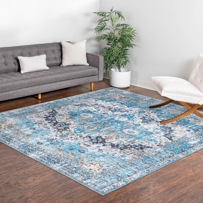 Tapis bleu / gris en chenille de style oriental Gutshall, Carré 5 pi 3 po