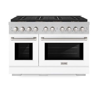 ZLINE 48 in. 6.7 cu. ft. Paramount Gas Range W/ 8 Burner DuoPro Cooktop and Dual Ovens in Satin Stainless Steel W/ White Matte Doors