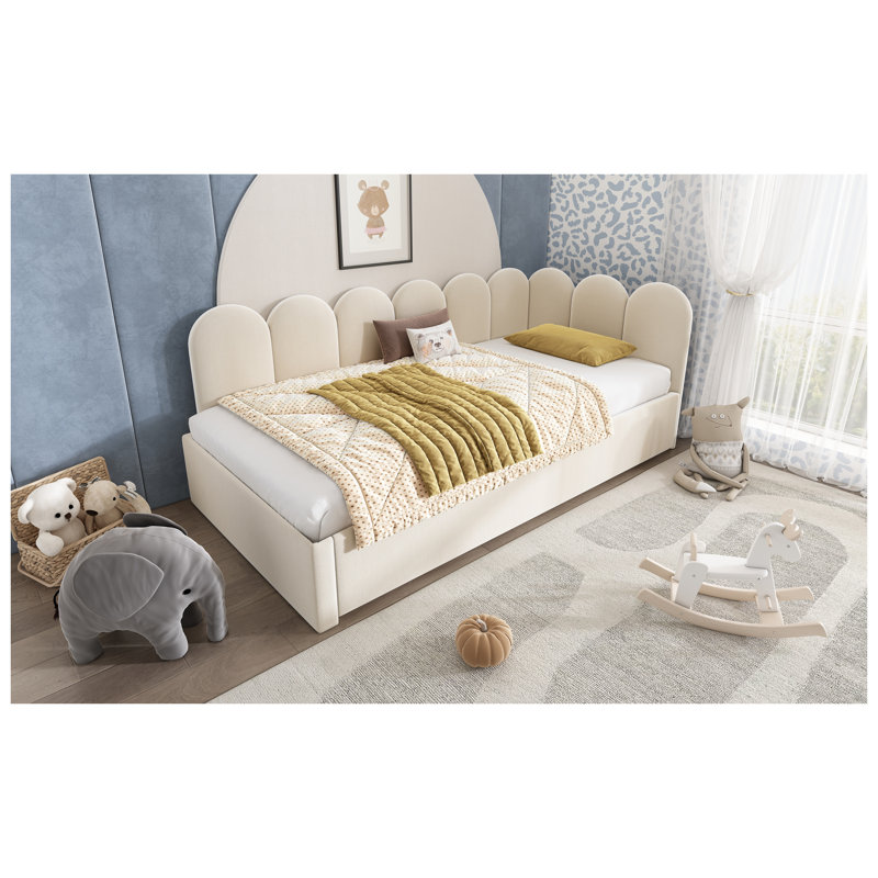 Lit de jour simple rembourré avec couchette coulissante, velours beige et structure en métal