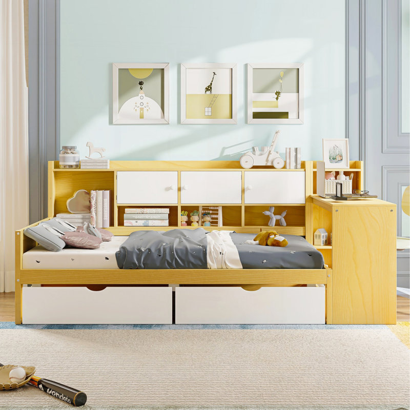 Wooden L-Shape Daybed With Seven Storage Cabinets And Two Storage Drawers, Multi-Functional Bed With Study Desk And Built-In Bookshelf, Natural+White