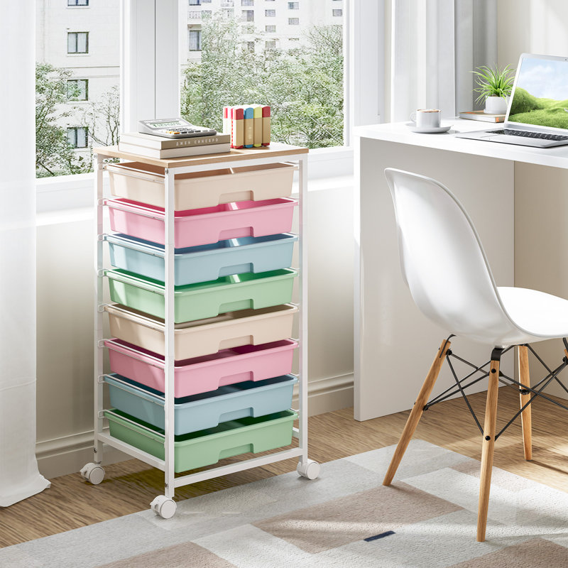 Chariot de rangement roulant avec tiroirs, chariot utilitaire avec 8 tiroirs et plateau de table en bois, tiroirs de rangement en plastique, rangement pour artisanat